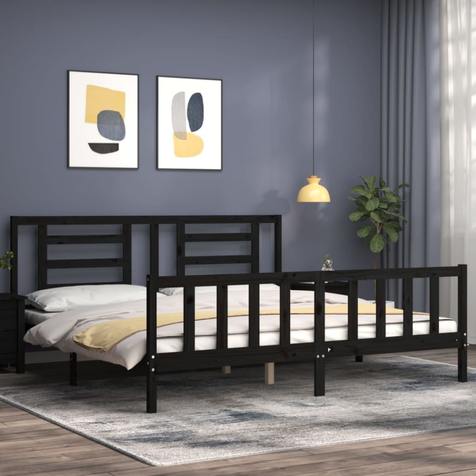 Cadru pat cu tăblie 200x200 cm, negru, lemn masiv - 2 | YEO