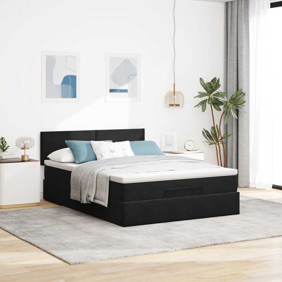 Cadru pat otoman cu saltea, catifea neagră 140x200cm - 2 | YEO