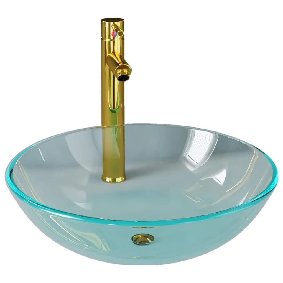 Chiuvetă baie robinet și scurgere tip push, transparent, sticlă - 1 | YEO