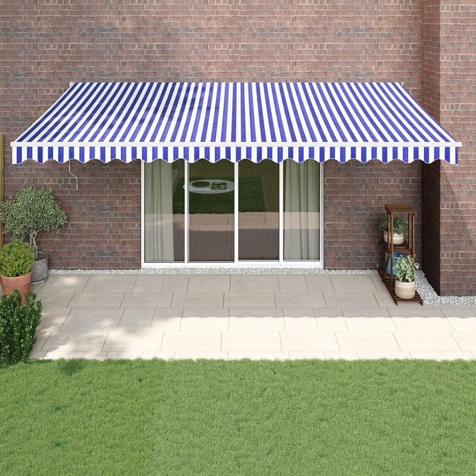 Copertină retractabilă albastru/alb, 5x3 m, textil/aluminiu