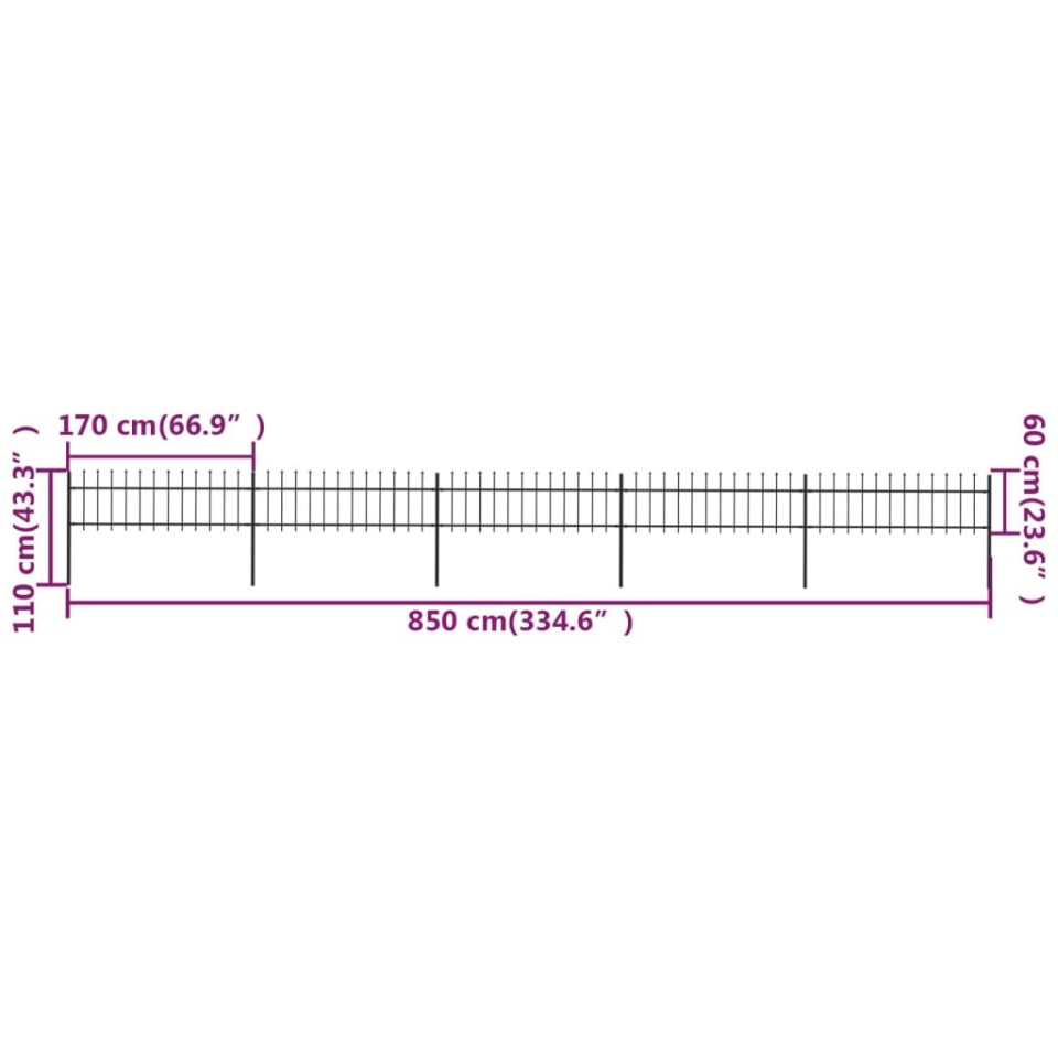 Gard de grădină cu vârf suliță, negru, 8,5 m, oțel - 4 | YEO