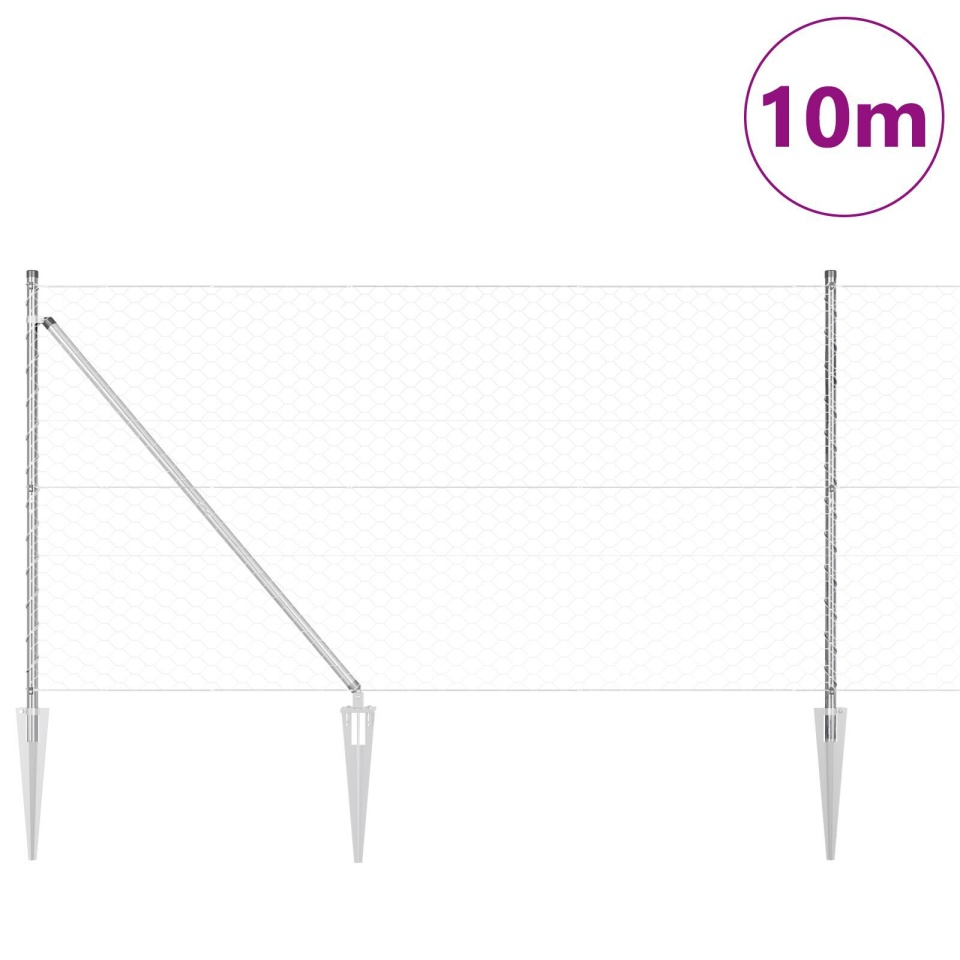 Împrejmuire Hexagonală 1,2x10 m Oțel Galvanizat, Stâlpi Împrejmuire cu Spike 7 buc Ø32 mm 140 cm Oțel Galvanizat - 2 | YEO