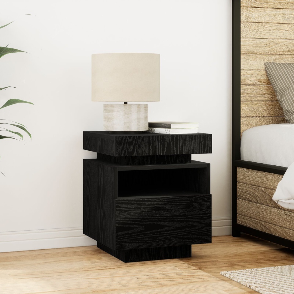 Noptieră cu lumini LED 2 buc Negru Stejar 40x39x48,5 cm - 3 | YEO
