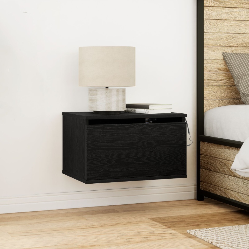 Noptieri cu lumini LED 2 buc. montate pe perete Negru Stejar
