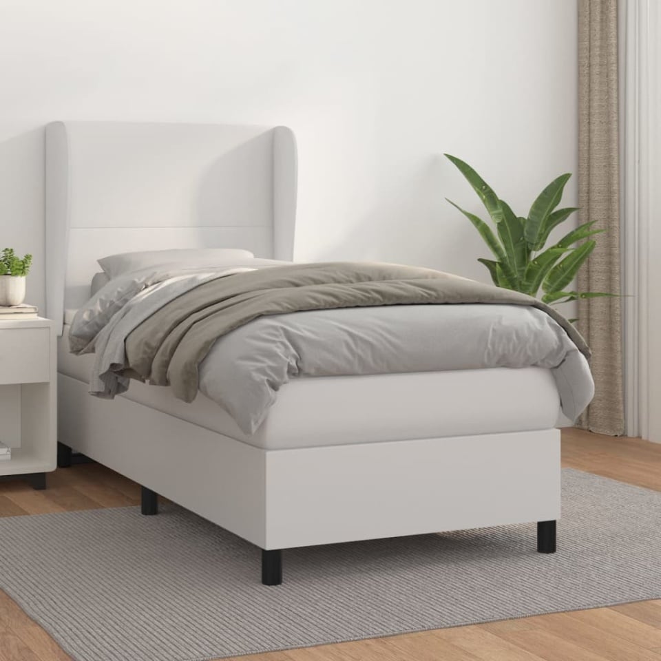 Pat box spring cu saltea, alb, 90x200 cm, piele ecologică