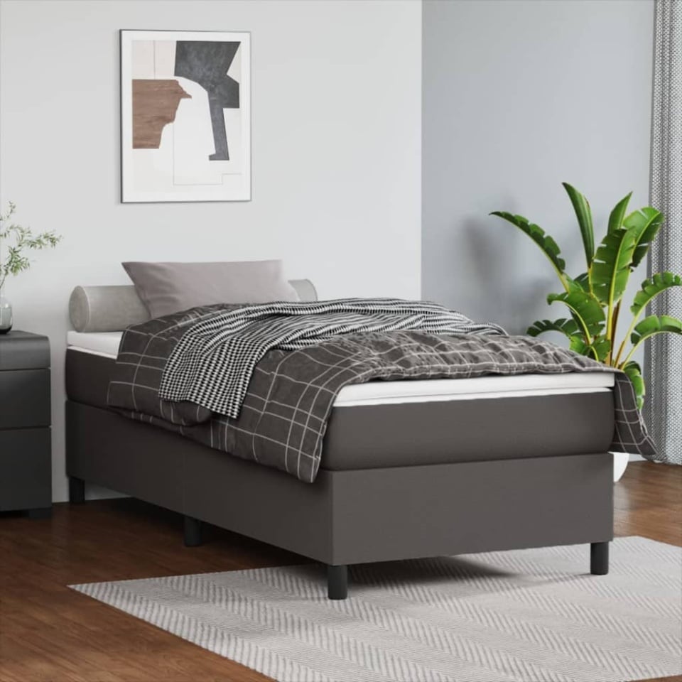 Pat box spring cu saltea, gri, 100x200 cm, piele ecologică