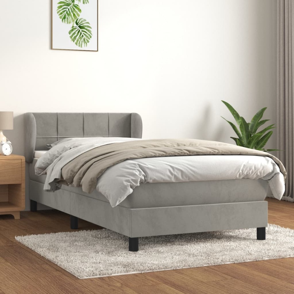 Pat box spring cu saltea, gri deschis, 100x200 cm, catifea