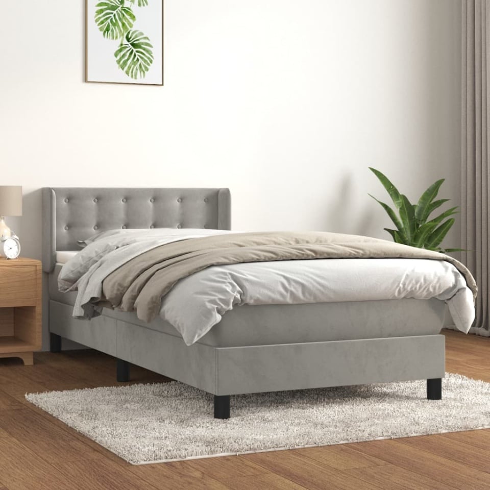 Pat box spring cu saltea, gri deschis, 90x190 cm, catifea