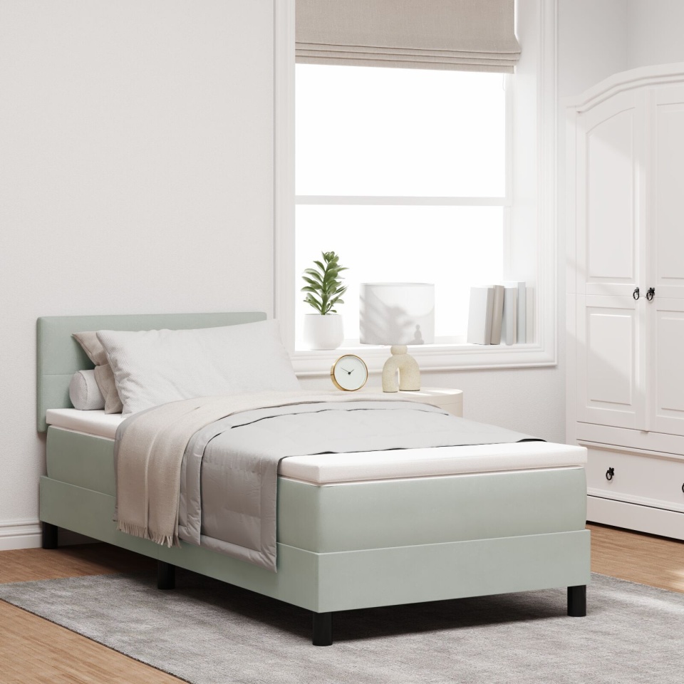 Pat box spring cu saltea, gri deschis, single, catifea