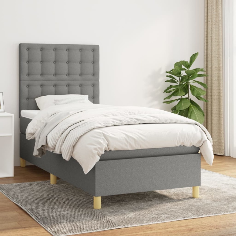 Pat box spring cu saltea, gri închis, 90x190 cm, textil