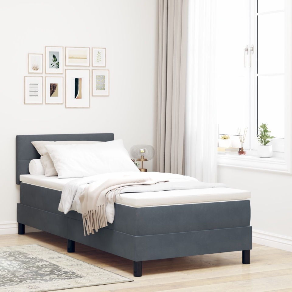 Pat box spring cu saltea, gri închis, single, catifea