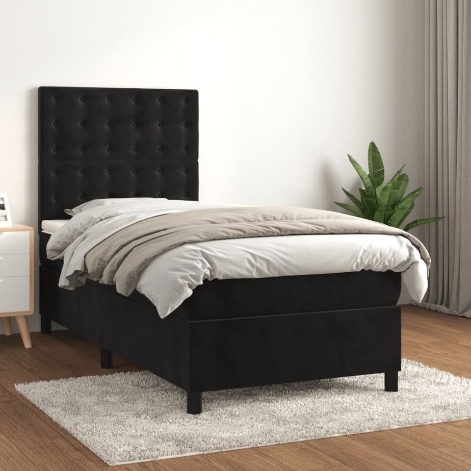 Pat box spring cu saltea, negru, 90x190 cm, catifea