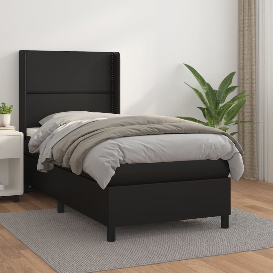 Pat continental cu saltea, negru, 80x200 cm, piele ecologică