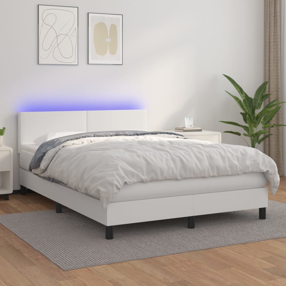 Pat cu arcuri, saltea și LED, alb, 140x200 cm, piele eco