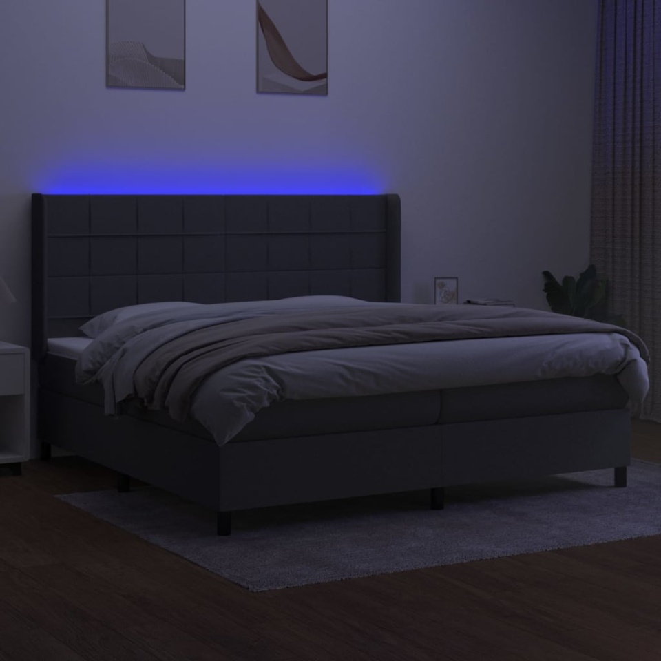 Pat cu arcuri, saltea și LED, gri închis, 200x200 cm, textil - 2 | YEO