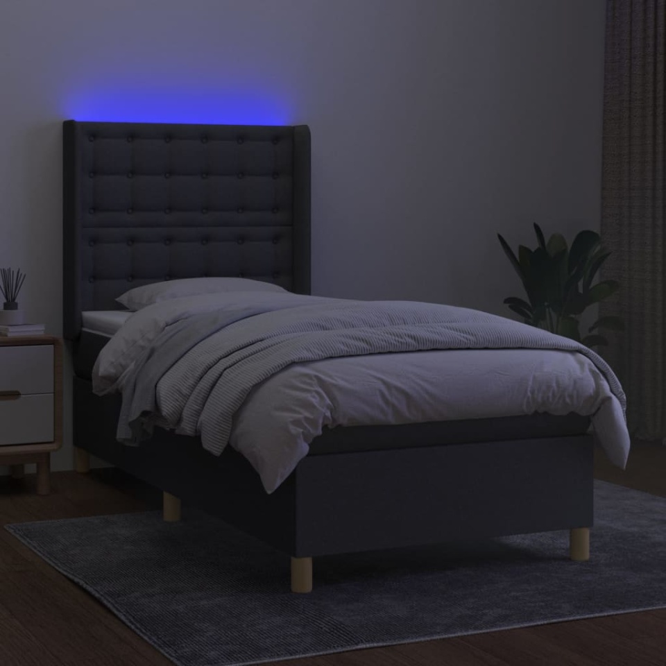 Pat cu arcuri, saltea și LED, gri închis, 90x190 cm, textil - 2 | YEO