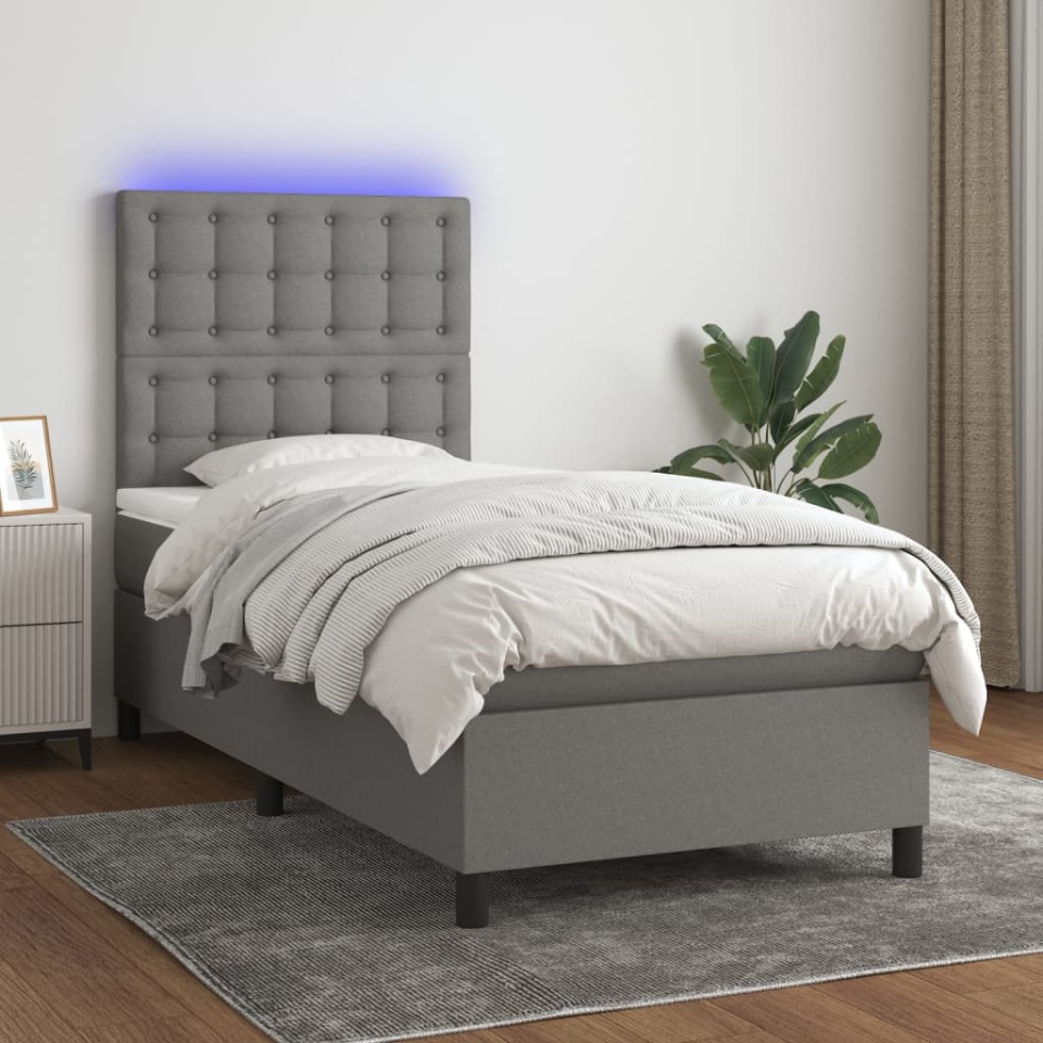 Pat cu arcuri, saltea si LED, gri inchis, 90x190 cm, textil