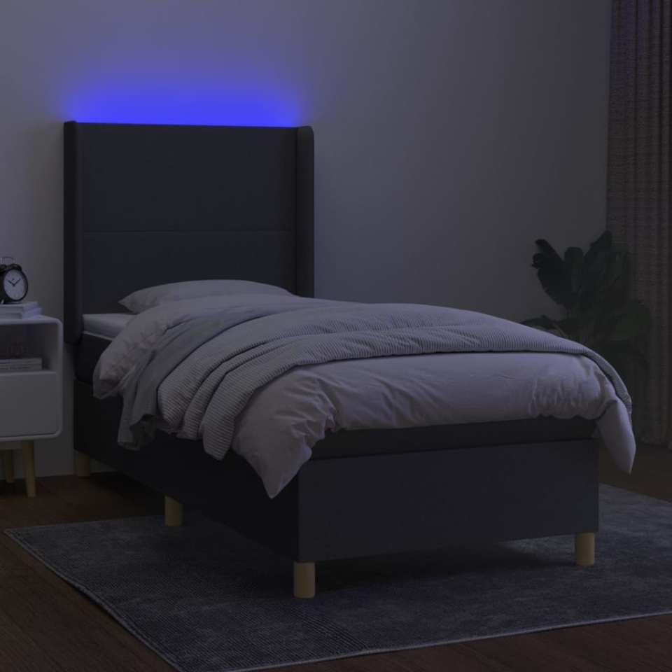 Pat cu arcuri, saltea și LED, gri închis, 90x190 cm, textil - 2 | YEO