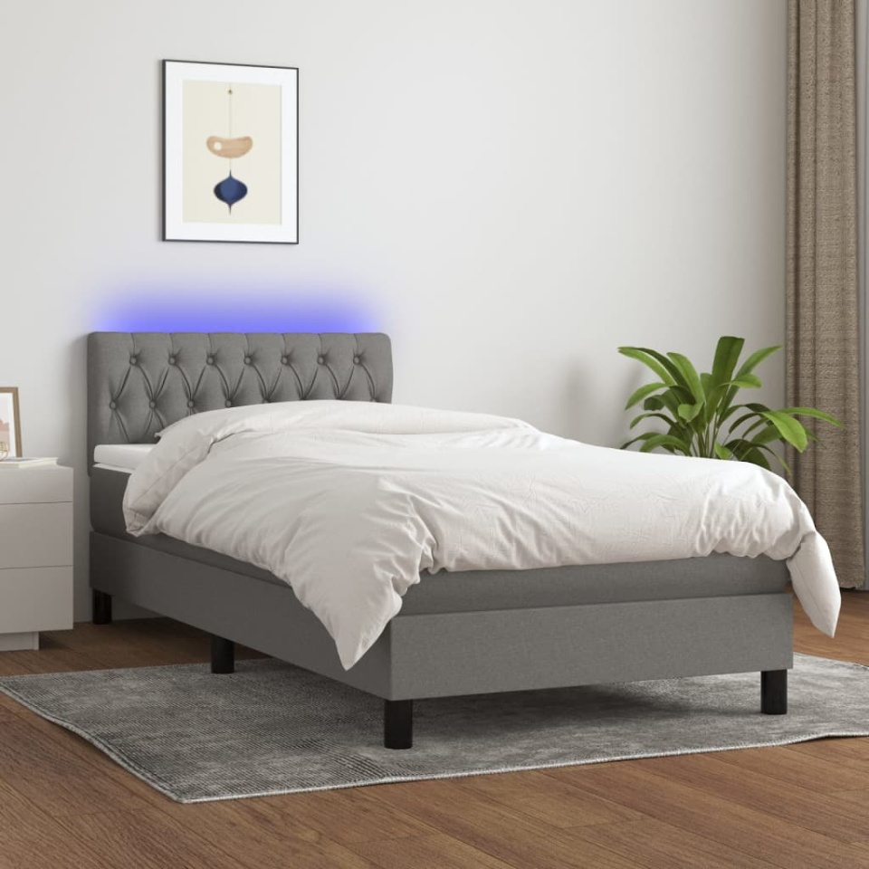 Pat cu arcuri, saltea și LED, gri închis, 90x190 cm, textil