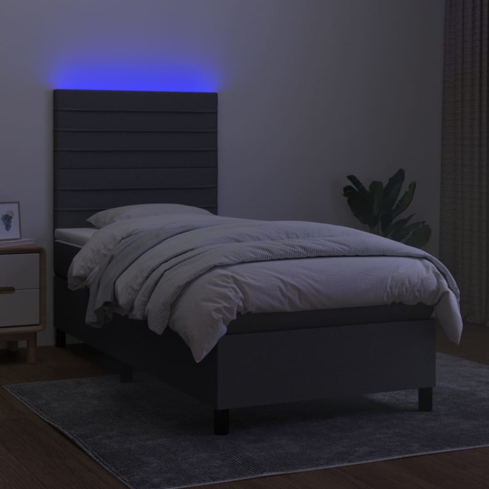 Pat cu arcuri, saltea și LED, gri închis, 90x190 cm, textil - 3 | YEO