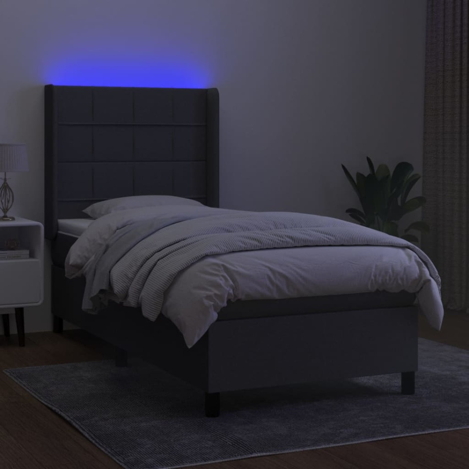 Pat cu arcuri, saltea și LED, gri închis, 90x190 cm, textil - 2 | YEO