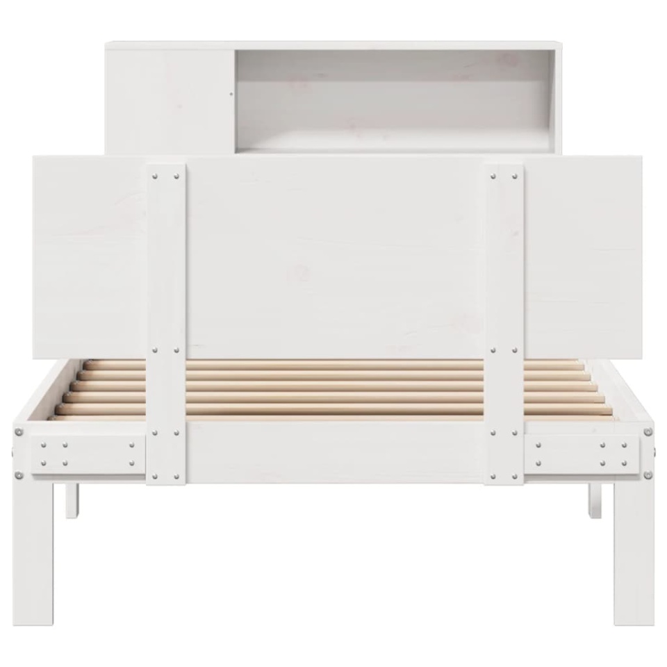 Pat cu bibliotecă fără saltea, alb, 100x200 cm, lemn masiv pin - 3 | YEO