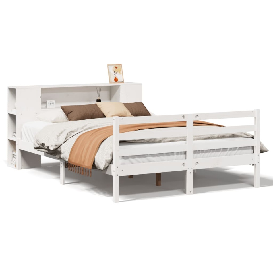 Pat cu bibliotecă fără saltea, alb, 140x190 cm, lemn masiv pin - 1 | YEO