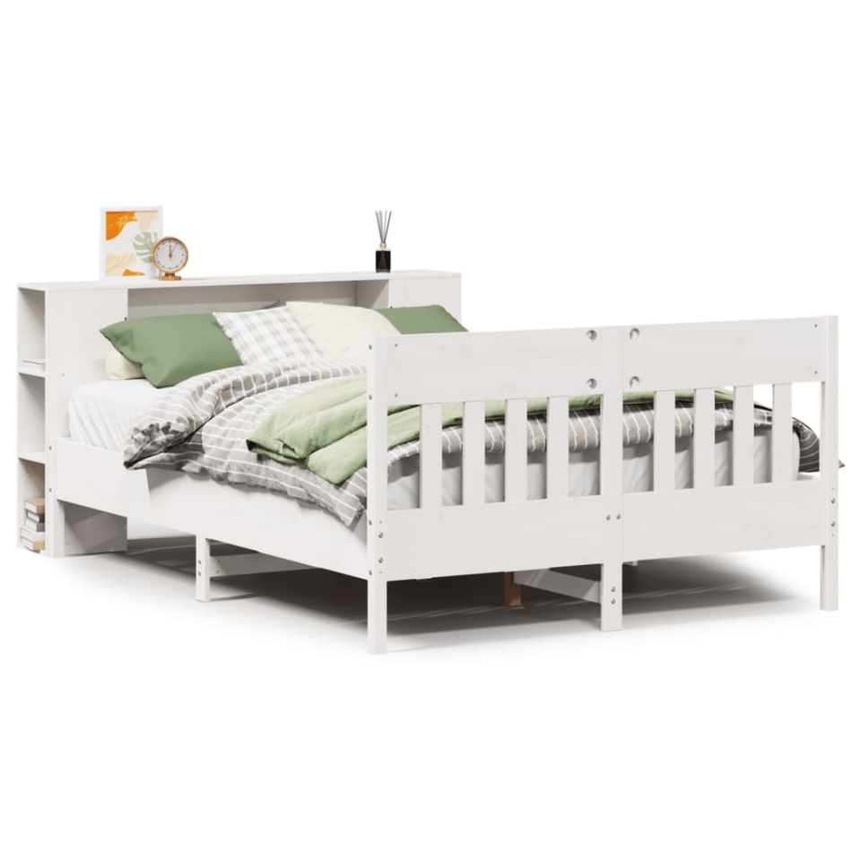Pat cu bibliotecă fără saltea, alb, 140x190 cm, lemn masiv pin - 1 | YEO