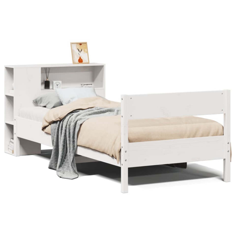 Pat cu bibliotecă fără saltea, alb, 75x190 cm, lemn masiv pin - 1 | YEO