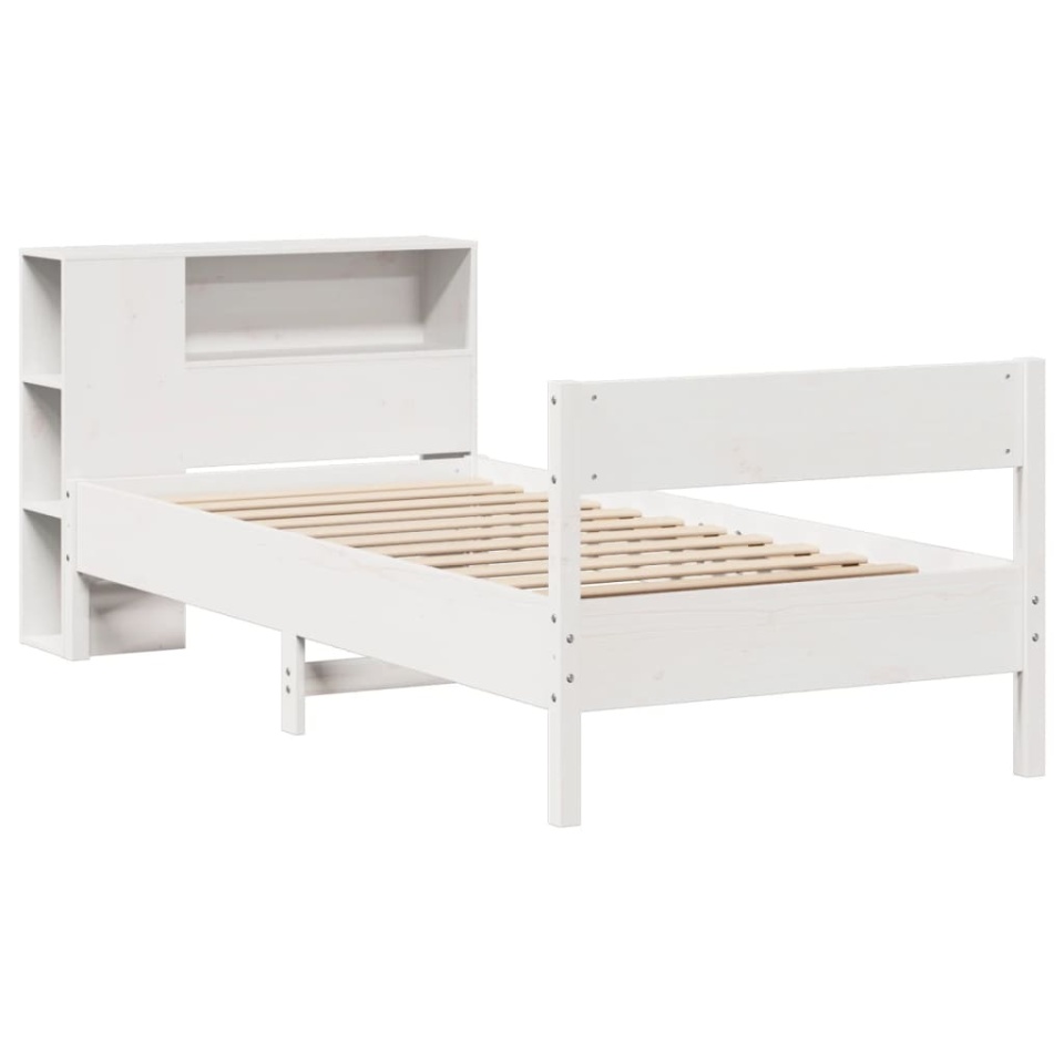 Pat cu bibliotecă fără saltea, alb, 90x190 cm, lemn masiv pin - 2 | YEO