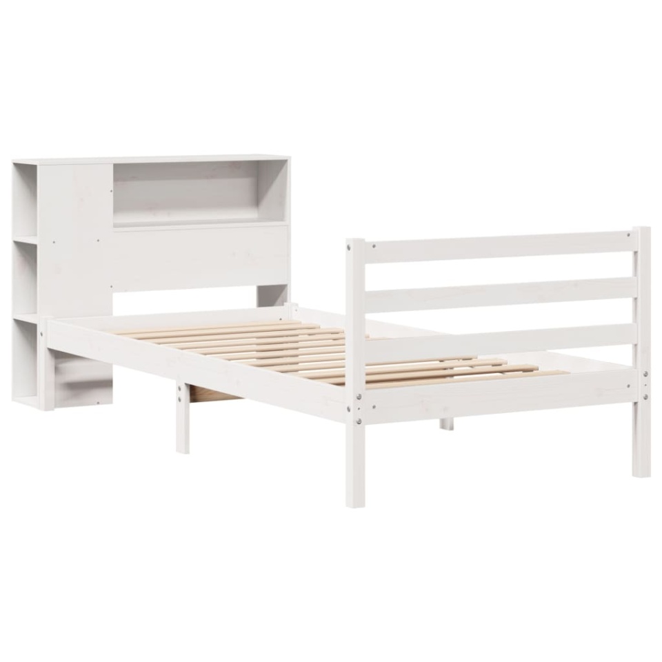 Pat cu bibliotecă fără saltea, alb, 90x190 cm, lemn masiv pin - 2 | YEO