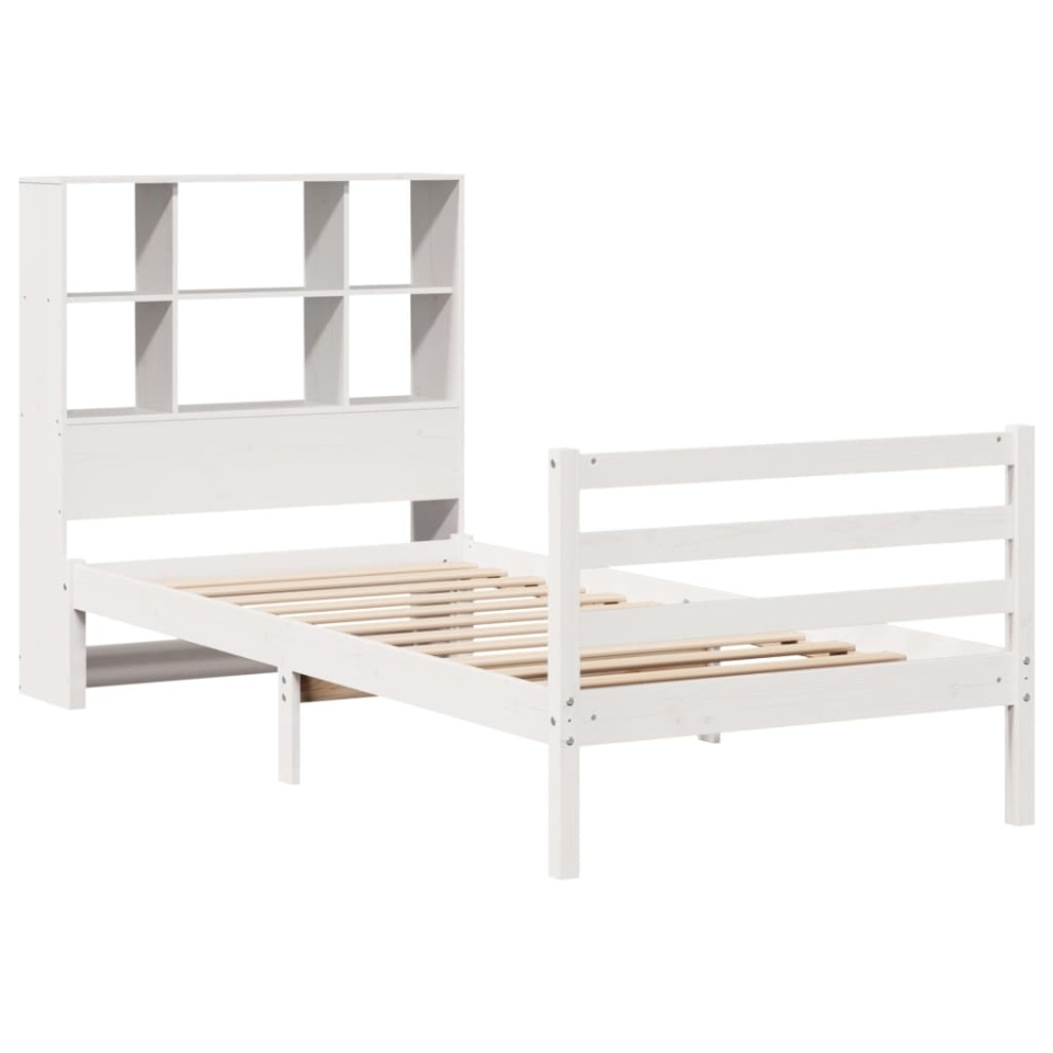 Pat cu bibliotecă fără saltea, alb, 90x190 cm, lemn masiv pin - 2 | YEO