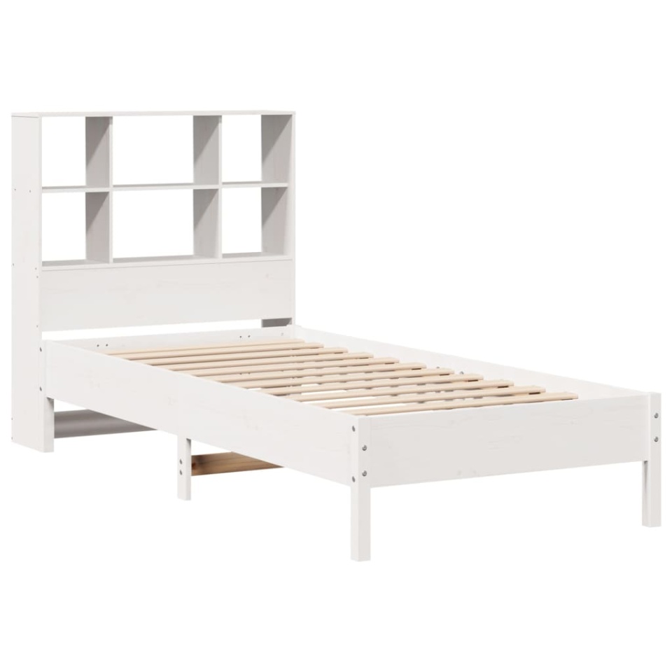 Pat cu bibliotecă fără saltea, alb, 90x190 cm, lemn masiv pin - 2 | YEO
