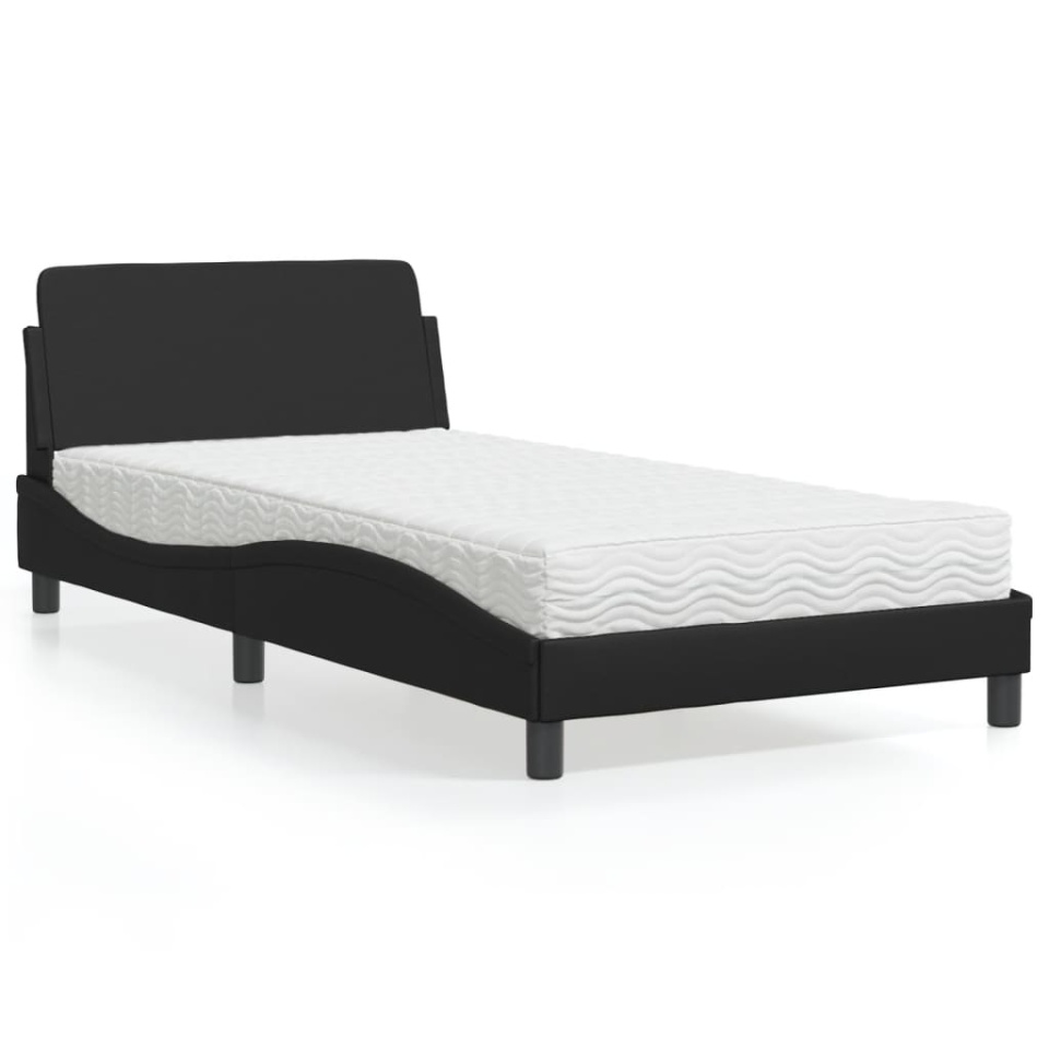 Pat cu saltea, negru, 100x200 cm, piele ecologică
