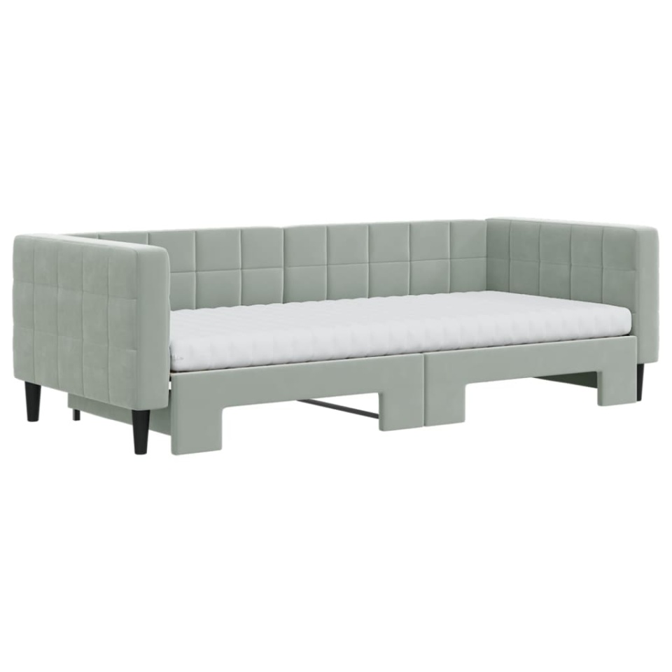 Pat de zi cu extensie și saltele, gri deschis 90x200 cm catifea - 2 | YEO