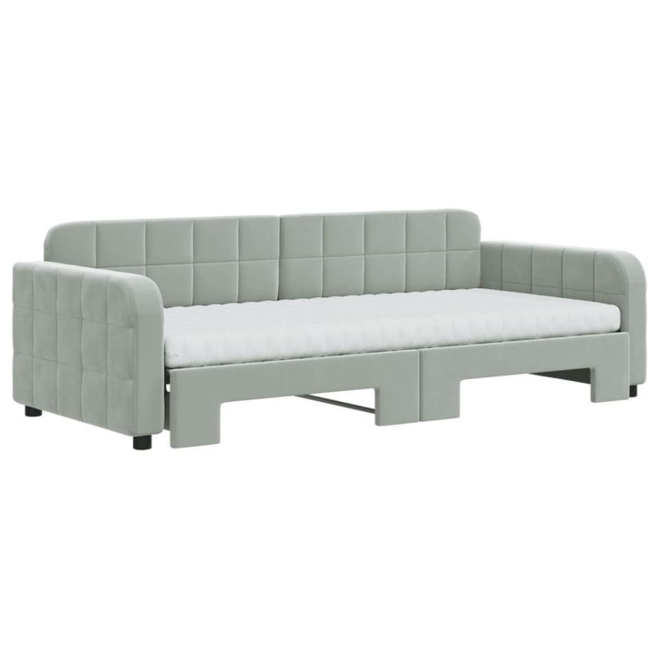 Pat de zi cu extensie și saltele, gri deschis 90x200 cm catifea - 2 | YEO