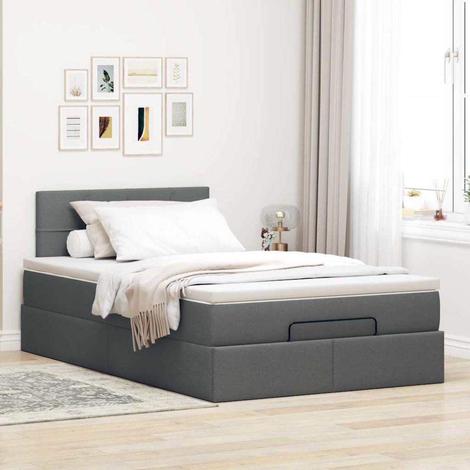 Pat otoman cu saltea și LED-uri, gri închis, 120x200 cm, textil - 3 | YEO