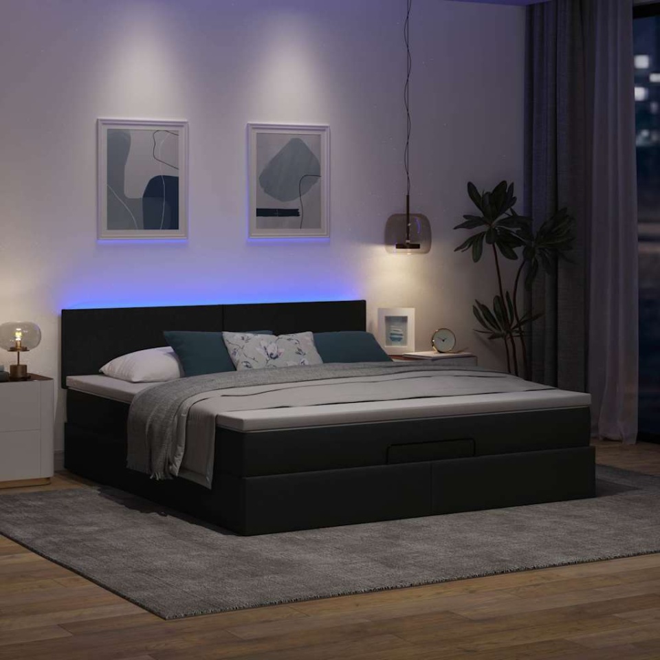 Pat otoman cu saltea și LED-uri, gri închis, 180x200cm, textil - 2 | YEO