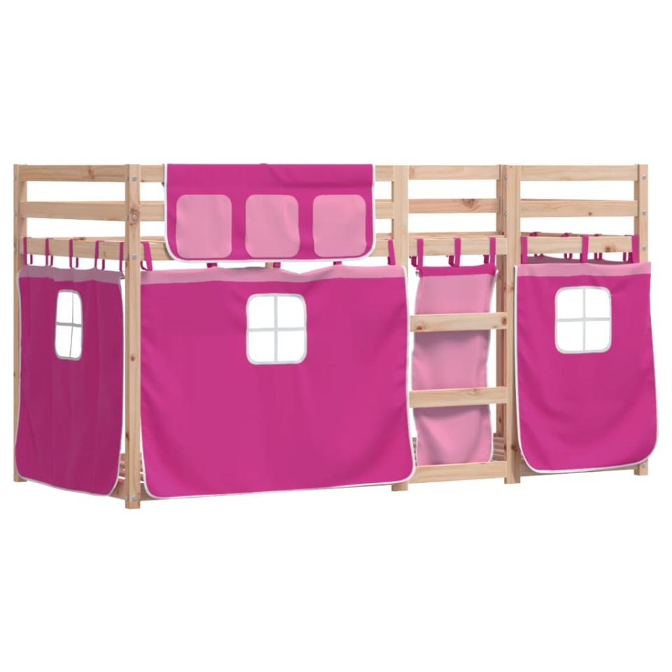 Pat supraetajat cu perdele, roz, 90x190 cm, lemn masiv pin - 2 | YEO