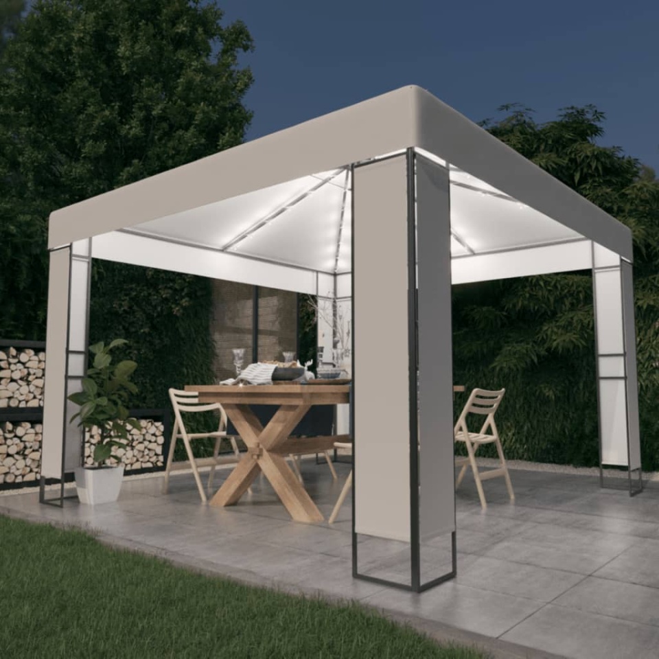 Pavilion cu acoperiș dublu & șiruri de lumini LED, alb, 3x3 m