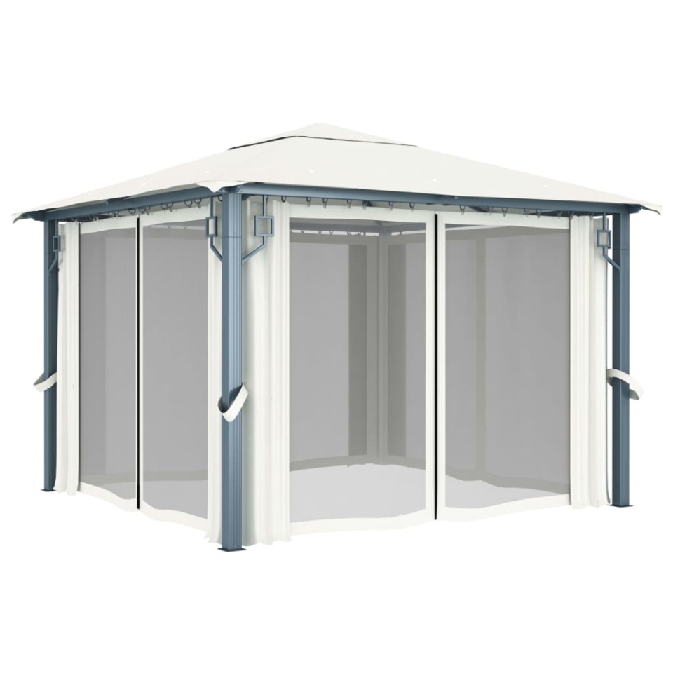 Pavilion cu perdele & șiruri lumini LED, crem, 3x3 m, aluminiu - 3 | YEO