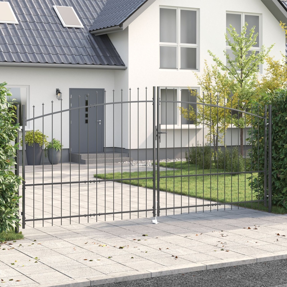 Poartă de grădină cu vârf în formă de suliță deschidere dublă gri 175x400 cm din oțel