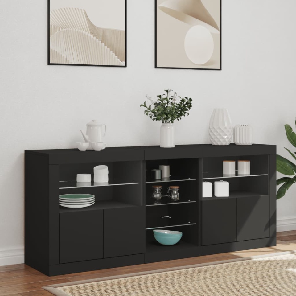 Servantă cu lumini LED, negru, 162x37x67 cm - 3 | YEO