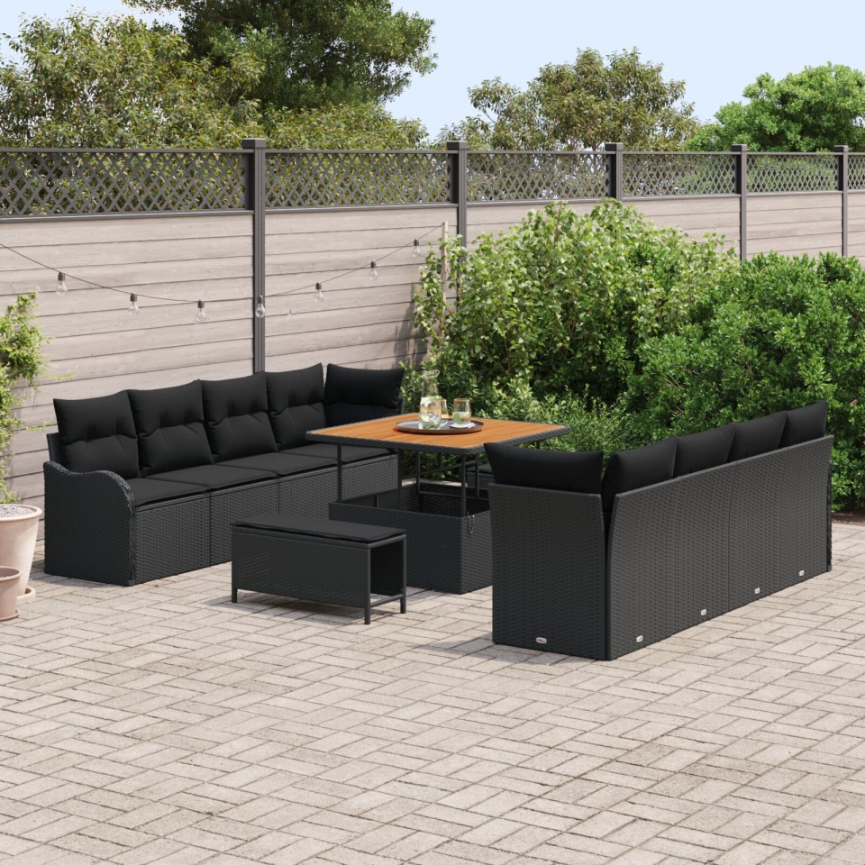Set canapea de grădină cu 11 piese și perne - Poliratan negru Acacia, Canapea de grădină cu 2 locuri și spațiu de depozitare cu perne - Poliratan negru, Set dining de grădină cu 3 piese și perne - Poliratan negru Acacia - 2 | YEO