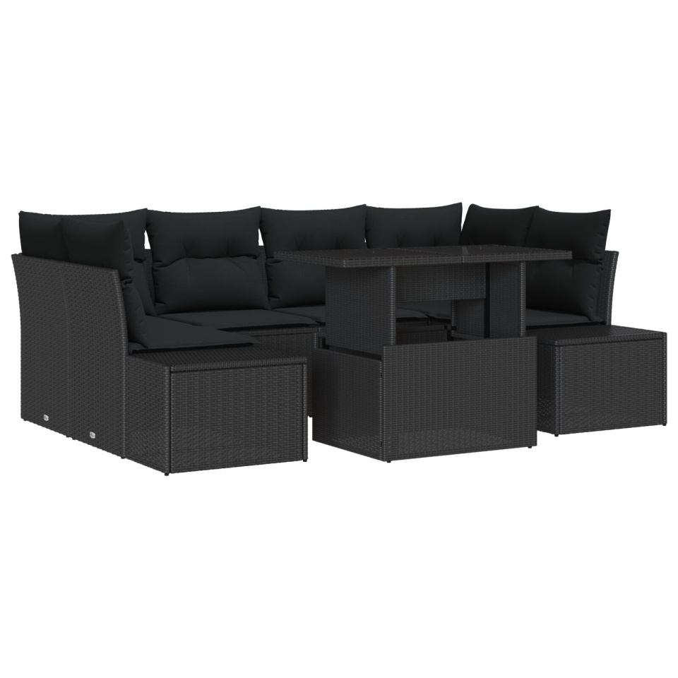 Set Canapea Grădină 7 Piese Negru Poliratan, sticlă - 1 | YEO