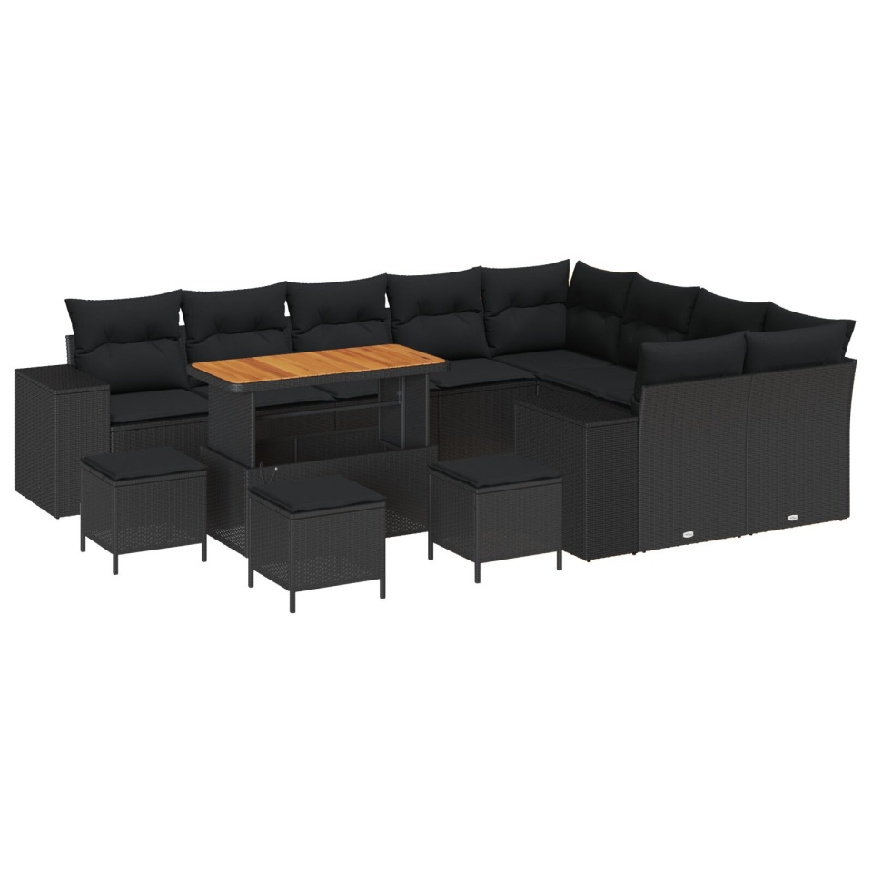 Set canapea grădină cu perne Negru Poliratan Acacia, Set dining grădină cu 4 piese cu perne Negru Poliratan Acacia - 1 | YEO