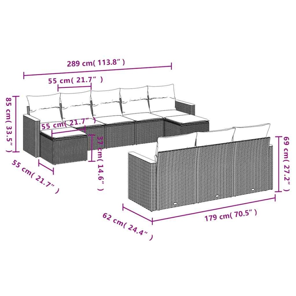 Set canapele de grădină cu perne, 10 piese, negru, poliratan - 2 | YEO