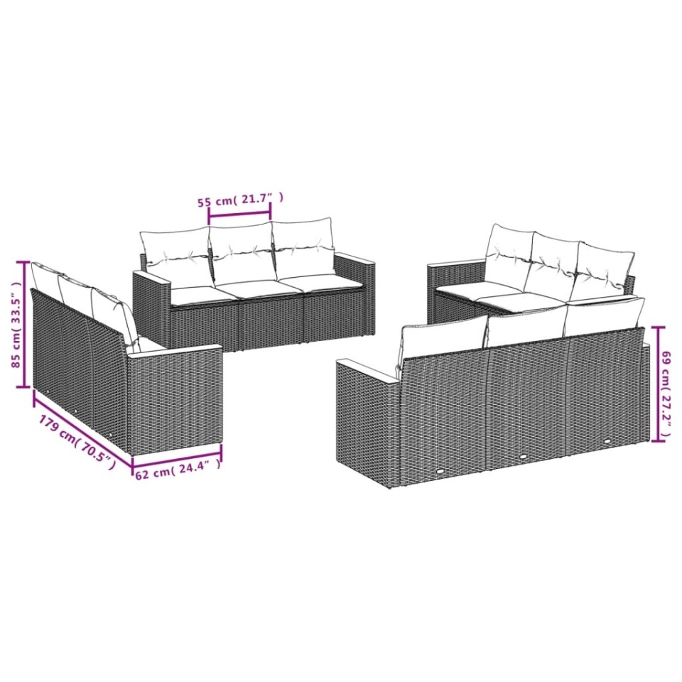 Set canapele de grădină cu perne, 12 piese, bej, poliratan - 2 | YEO
