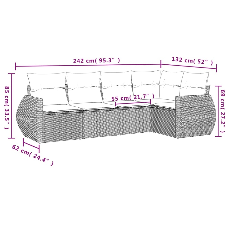 Set canapele de grădină cu perne, 5 piese, maro, poliratan - 2 | YEO