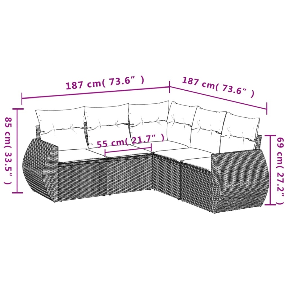 Set canapele de grădină cu perne, 5 piese, maro, poliratan - 2 | YEO